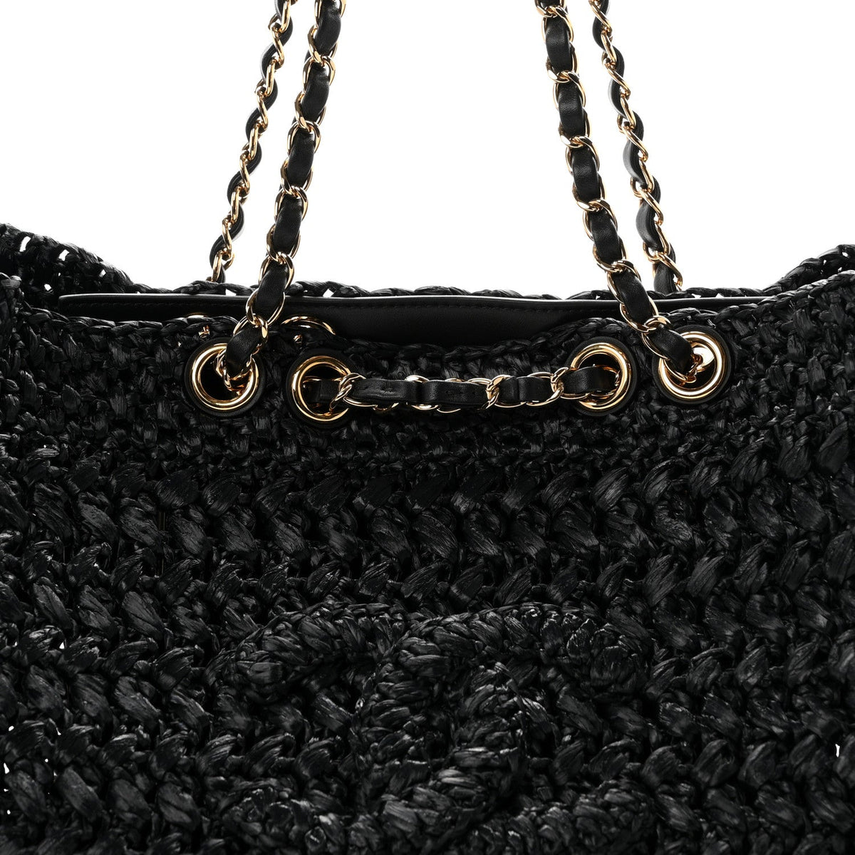 Raffia Effect Calfskin Coco Beach Shopping Tote Black