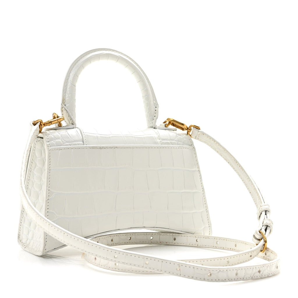 Shiny Calfskin Crocodile Embossed Hourglass Top Handle Bag XS White