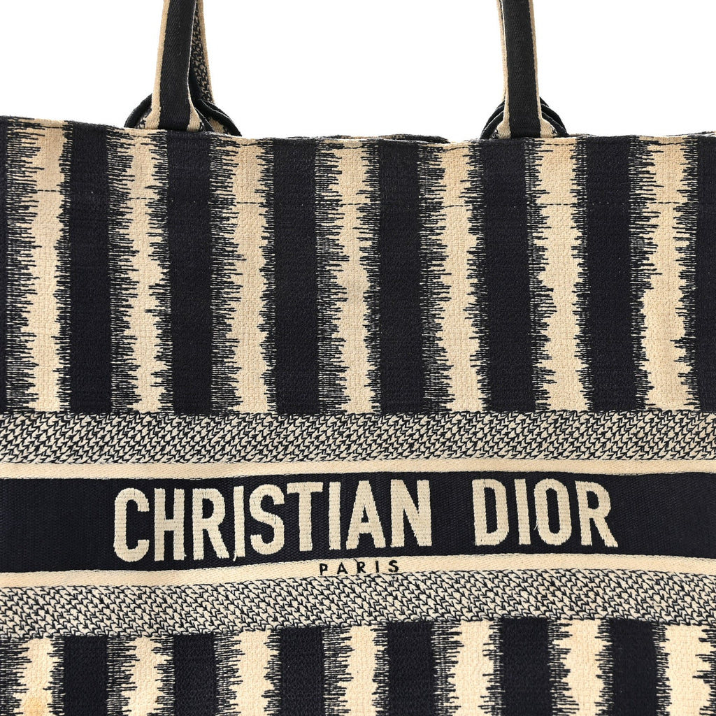 Canvas Embroidered Large Striped Book Tote Navy