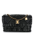 Washed Denim Quilted Large Flap Bag Black