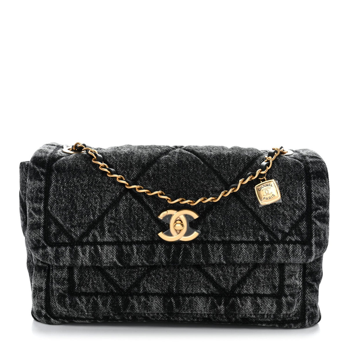 Washed Denim Quilted Large Flap Bag Black