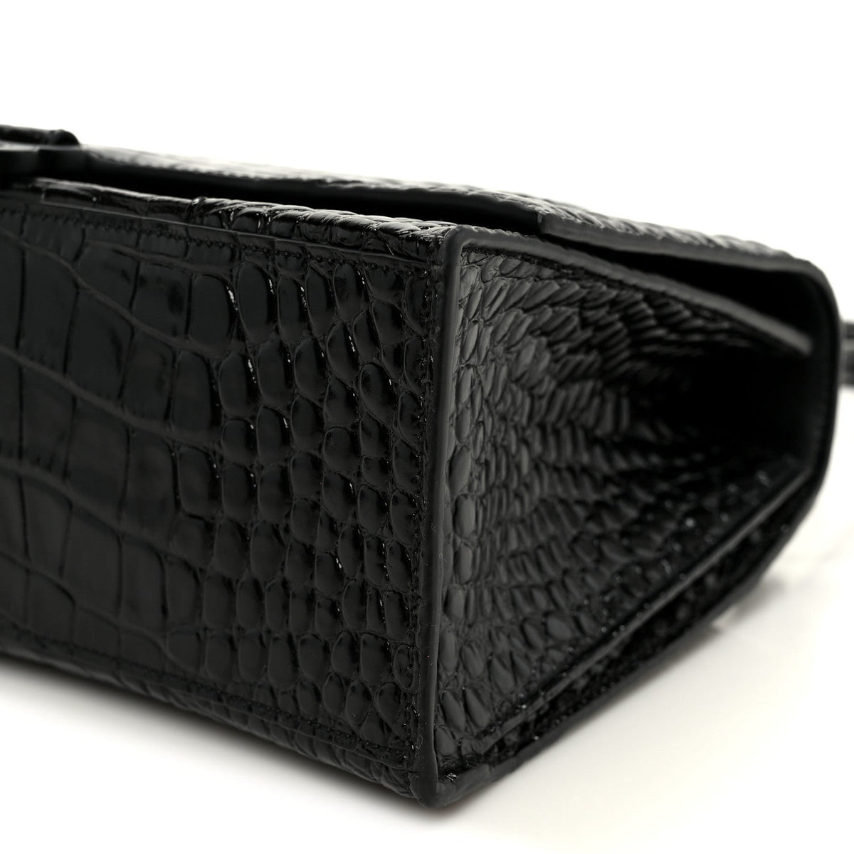 Shiny Calfskin Monochrome Crocodile Embossed Medium Hourglass Top Handle Bag Black