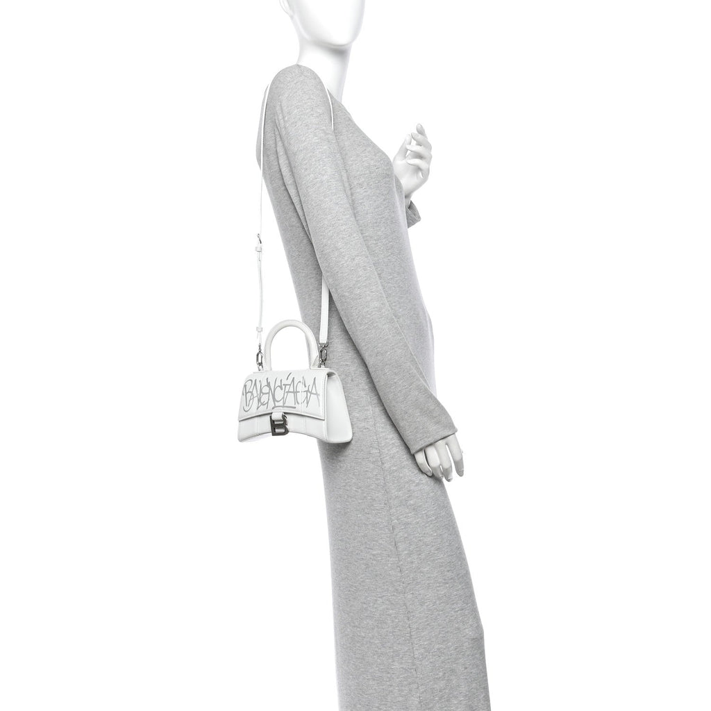 Box Calfskin Graffiti Logo Hourglass Top Handle Bag XS White Light Silver