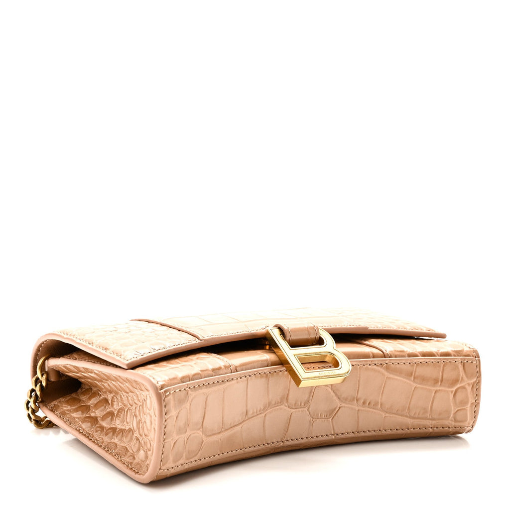Shiny Calfskin Crocodile Embossed Hourglass Chain Bag Nude Beige