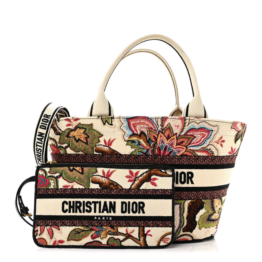Canvas Embroidered Floral Panier Chapeau Tote White Multicolor