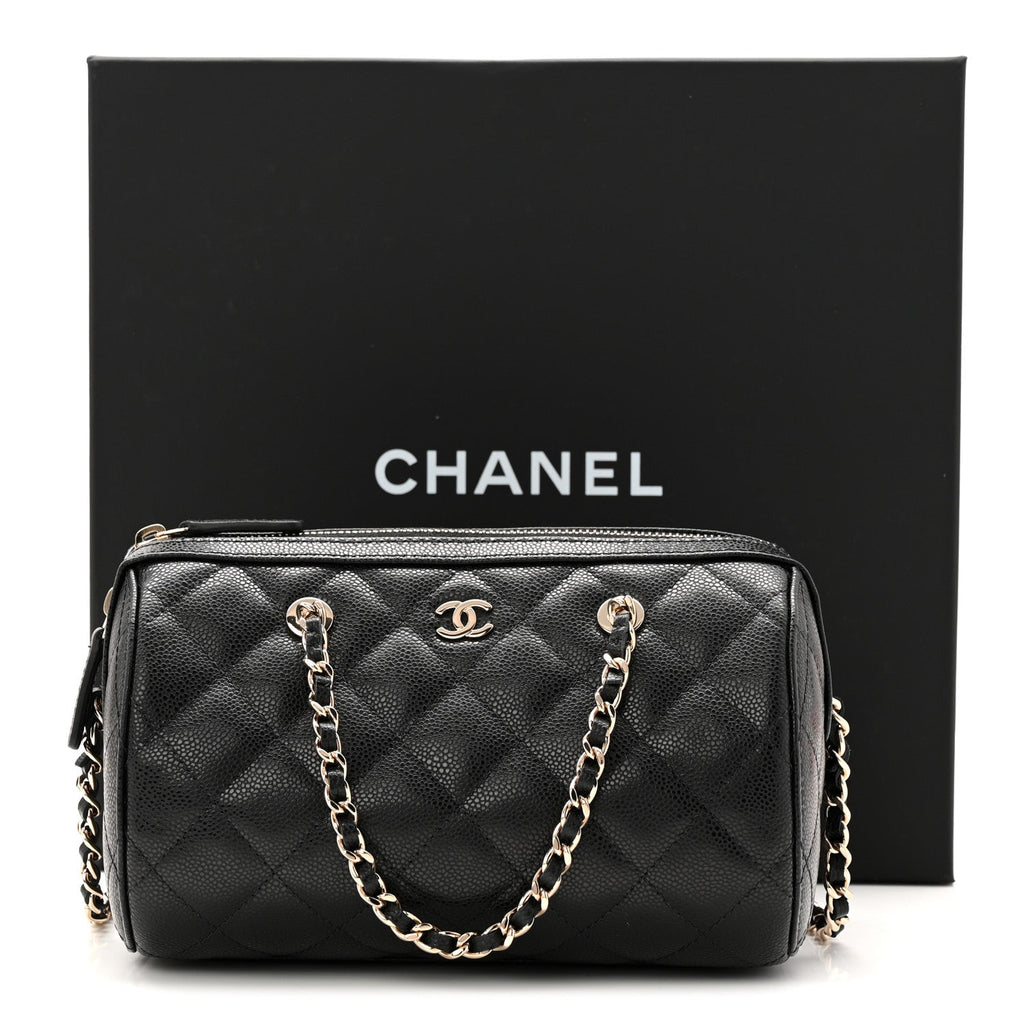 Caviar Quilted Barrel Clutch With Chain Black