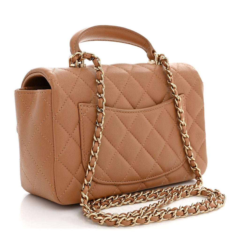Lambskin Quilted Mini Top Handle Rectangular Flap Dark Beige