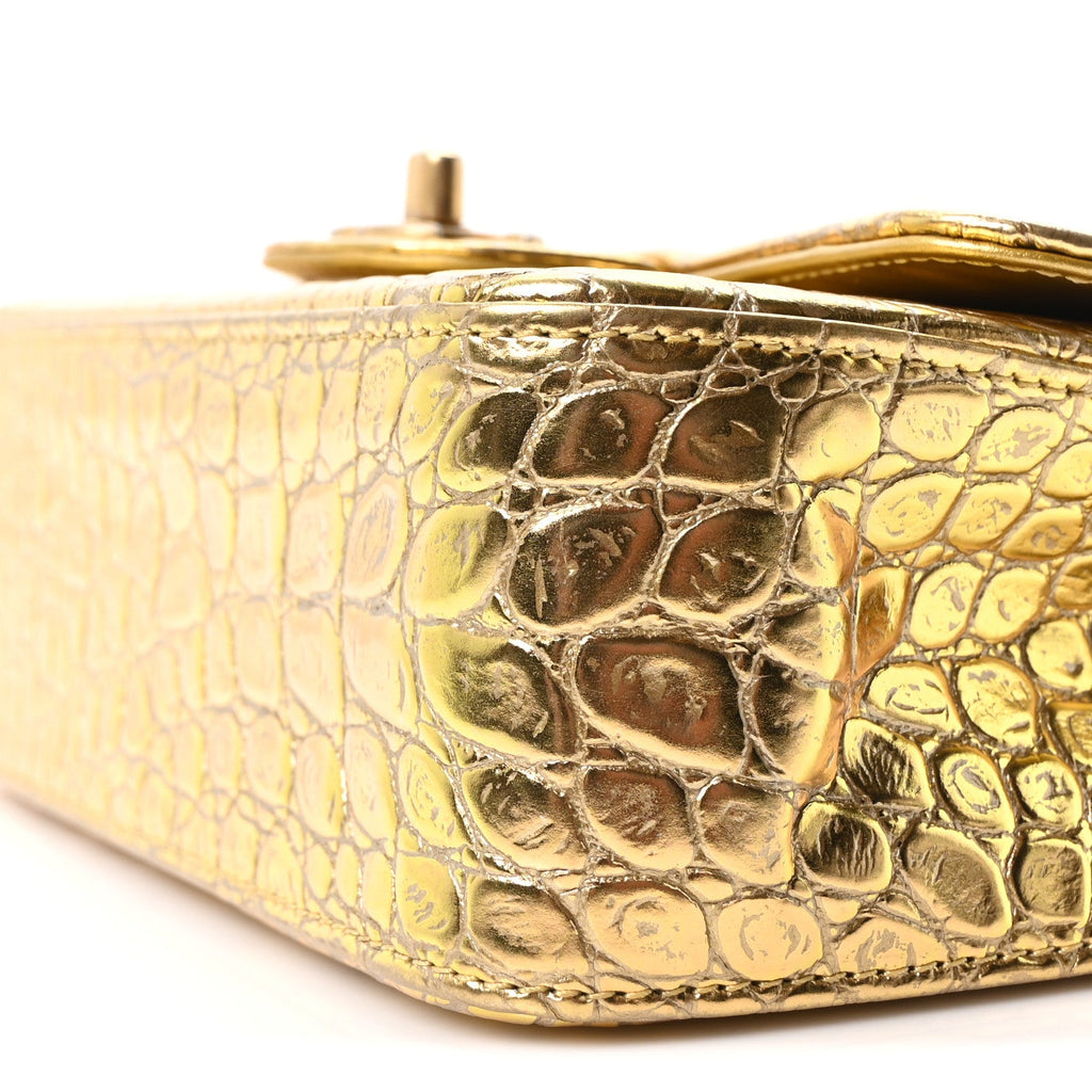 Metallic Calfskin Crocodile Embossed Cocodile Rectangular Mini Flap Gold