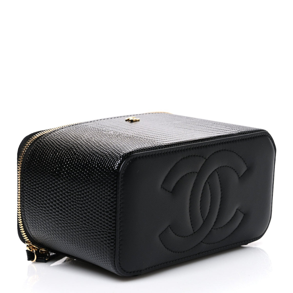 Calfskin Lizard Embossed Top Handle Vanity With Chain Black