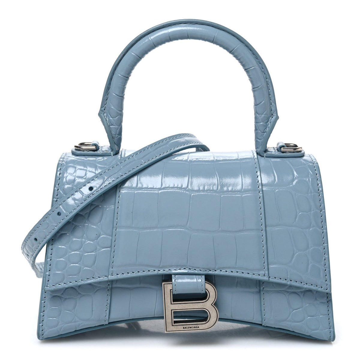 Shiny Calfskin Crocodile Embossed Hourglass Top Handle Bag XS Blue Grey