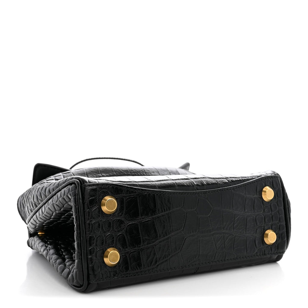 Shiny Calfskin Crocodile Embossed Mini Rodeo Top Handle Handbag Black