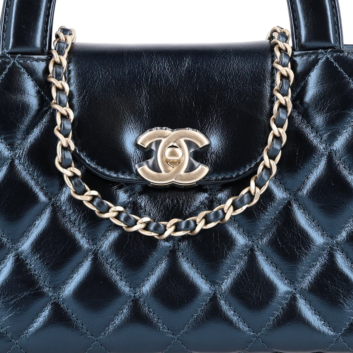 Metallic Aged Calfskin Quilted Nano Kelly Shopper Navy