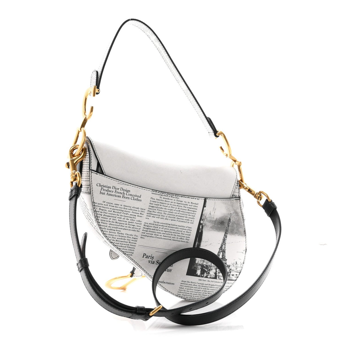 Calfskin Newspaper Printed Saddle Bag With Strap Black White