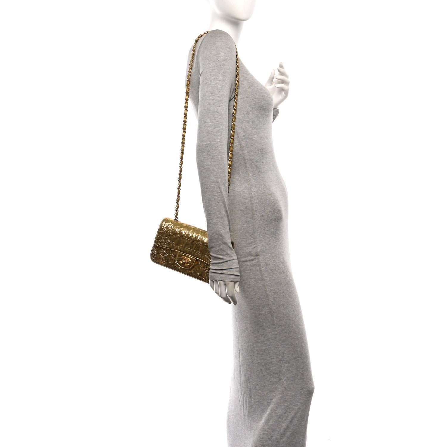 Metallic Calfskin Crocodile Embossed Cocodile Rectangular Mini Flap Gold