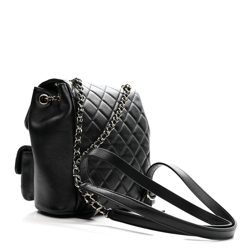 Shiny Caviar Quilted Medium Duma Pockets Drawstring Backpack Black