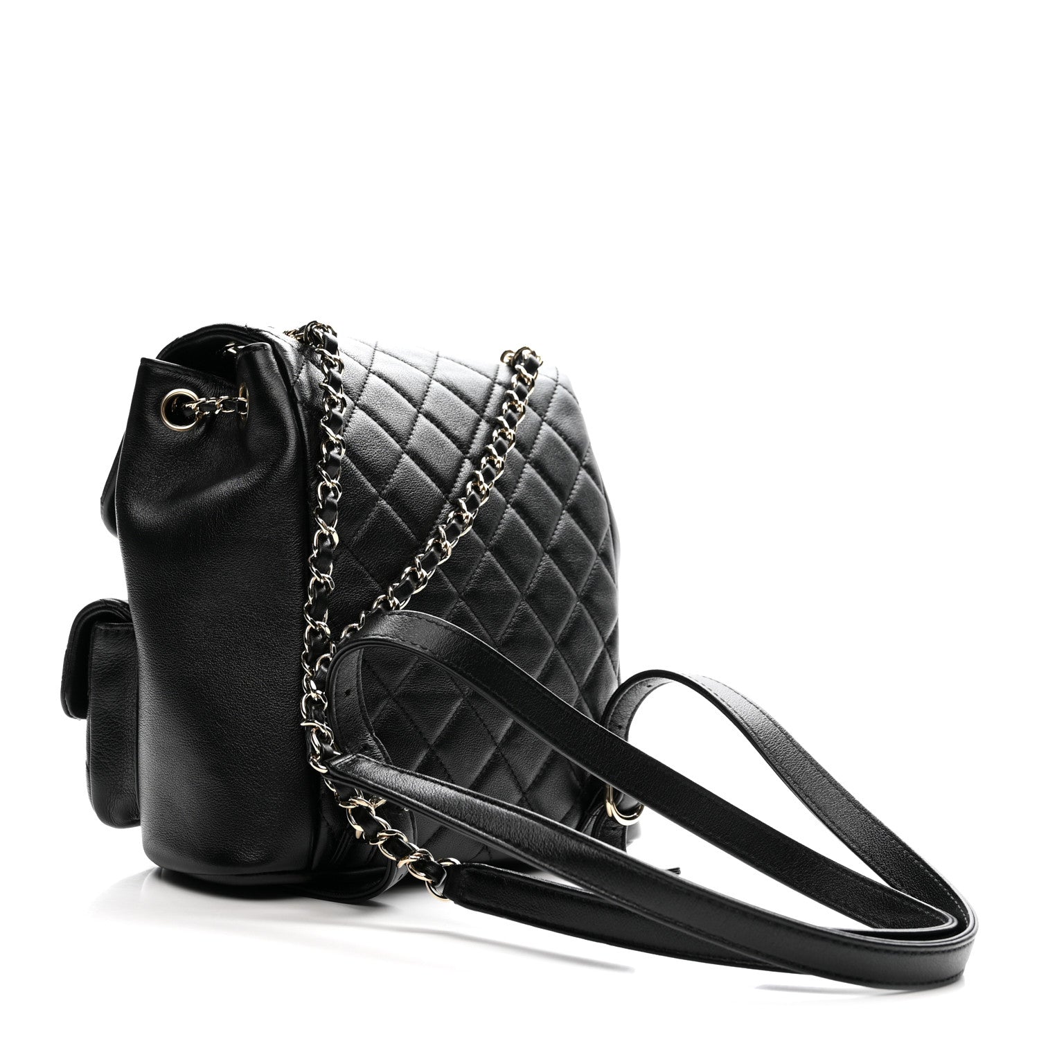 Shiny Caviar Quilted Medium Duma Pockets Drawstring Backpack Black