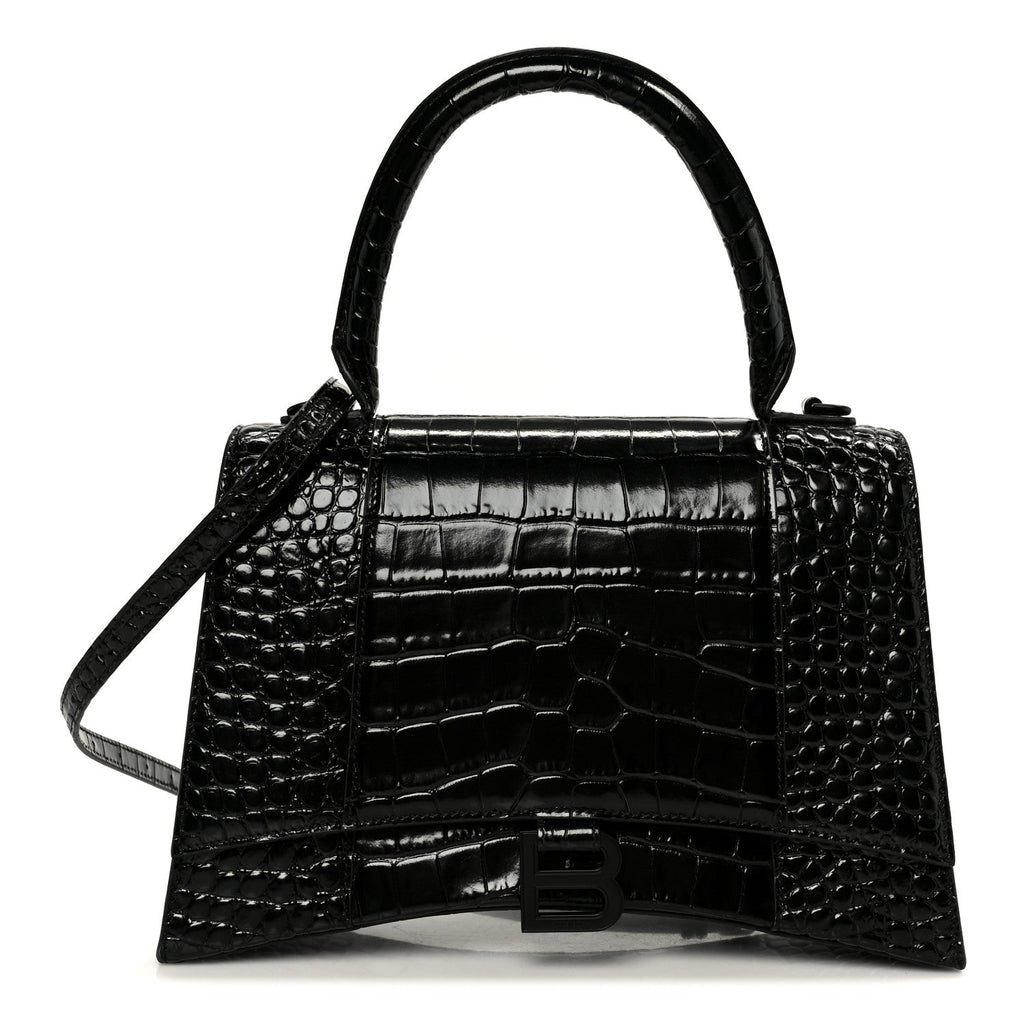 Shiny Calfskin Monochrome Crocodile Embossed Medium Hourglass Top Handle Bag Black