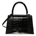 Shiny Calfskin Monochrome Crocodile Embossed Medium Hourglass Top Handle Bag Black