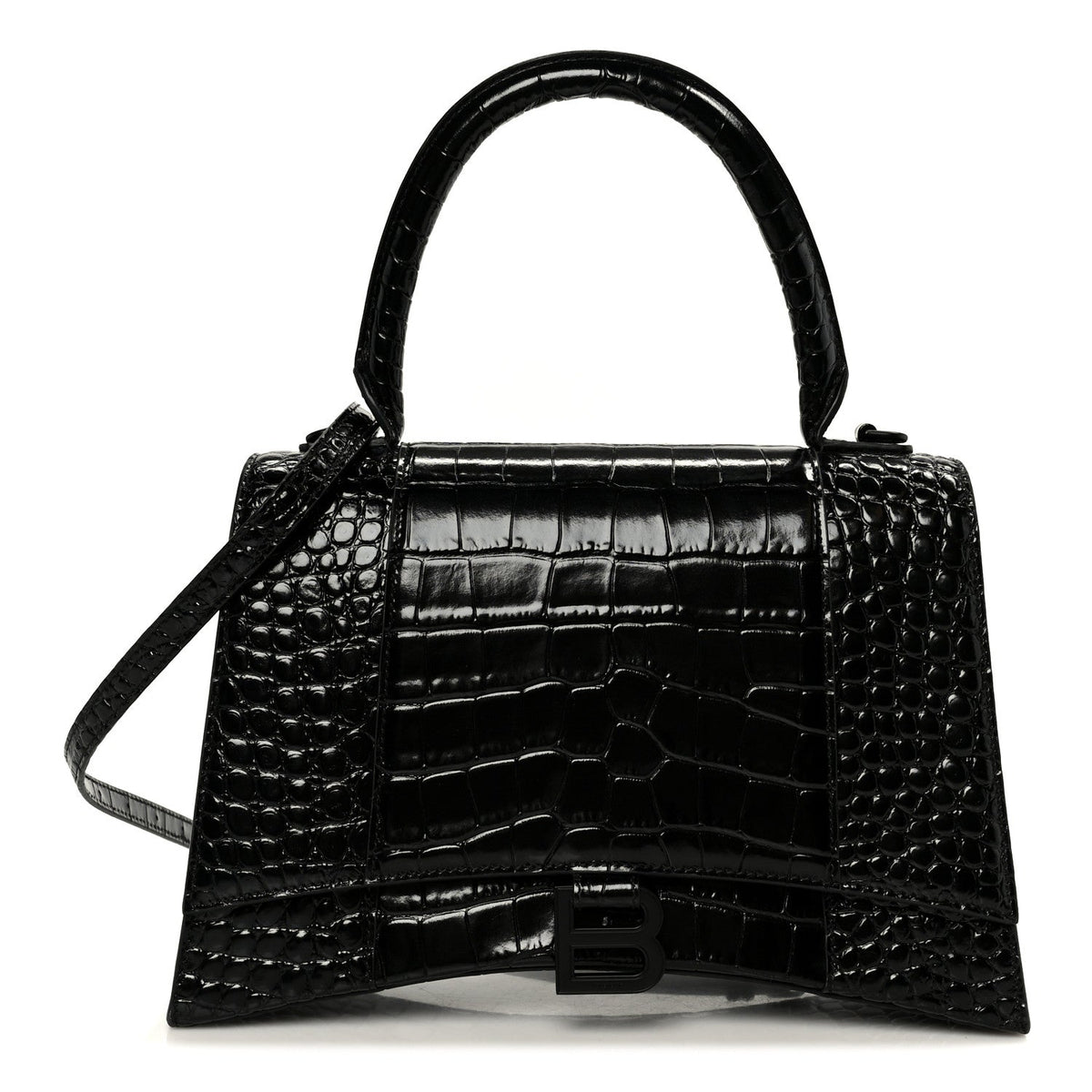 Shiny Calfskin Monochrome Crocodile Embossed Medium Hourglass Top Handle Bag Black