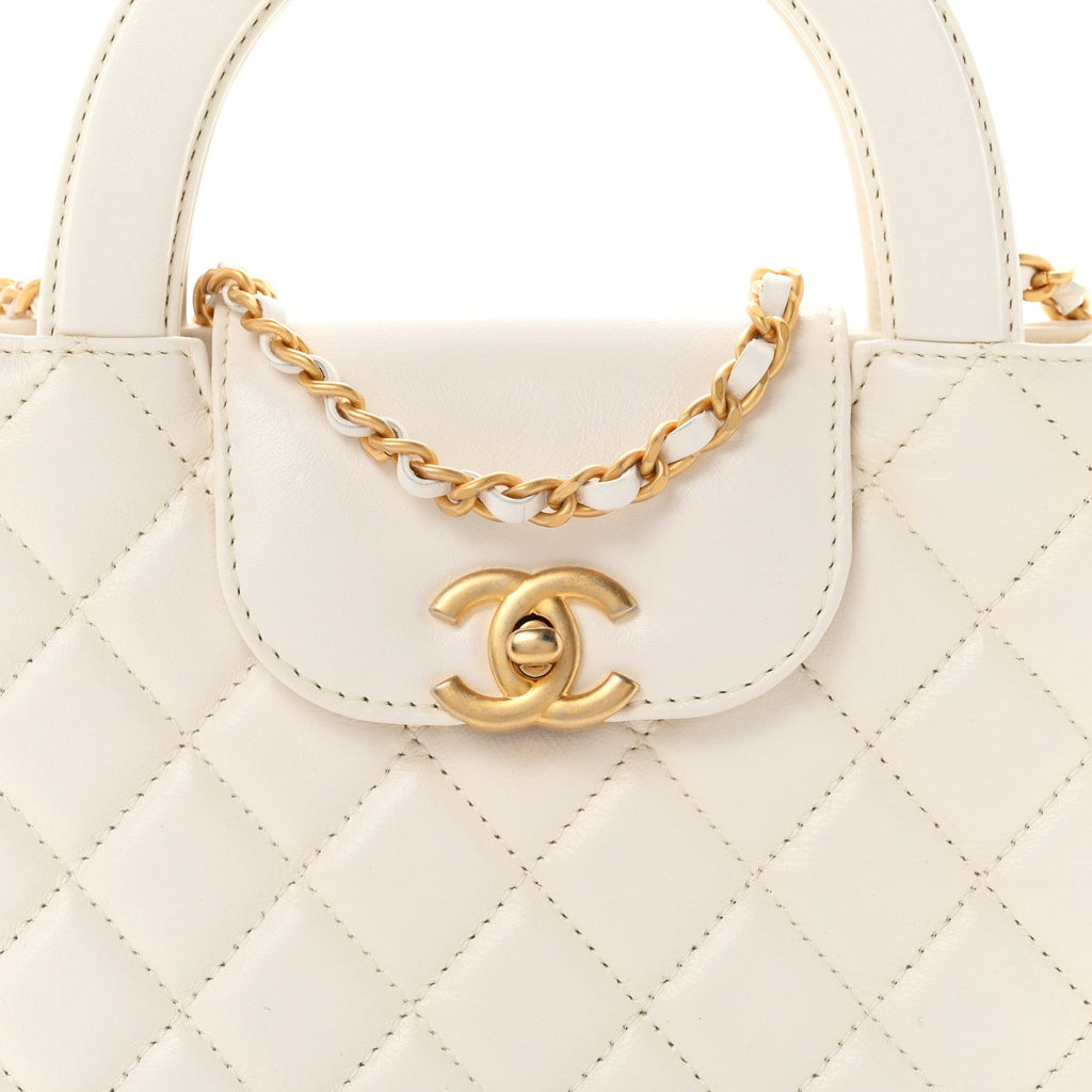 Shiny Aged Calfskin Quilted Nano Kelly Shopper White