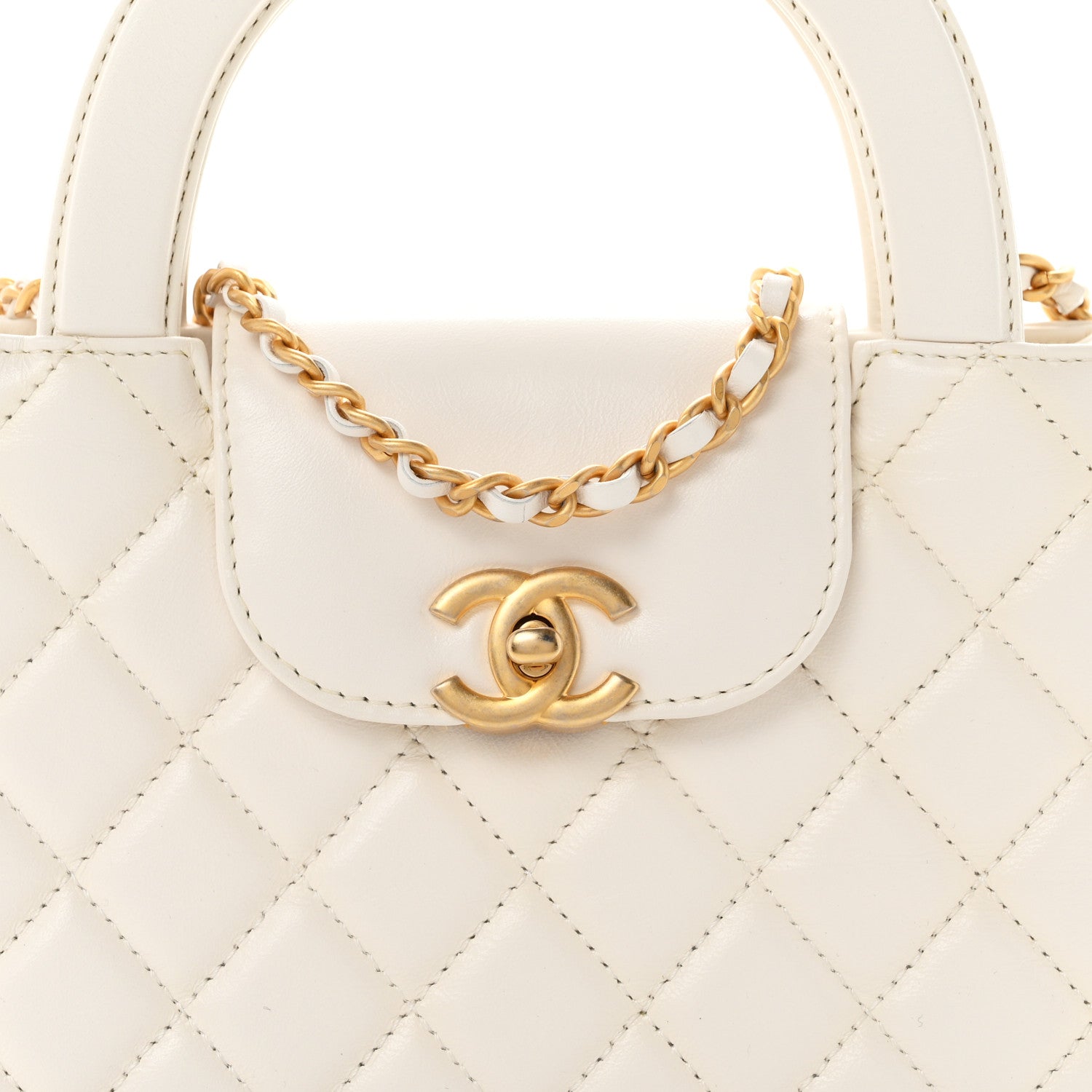 Shiny Aged Calfskin Quilted Nano Kelly Shopper White