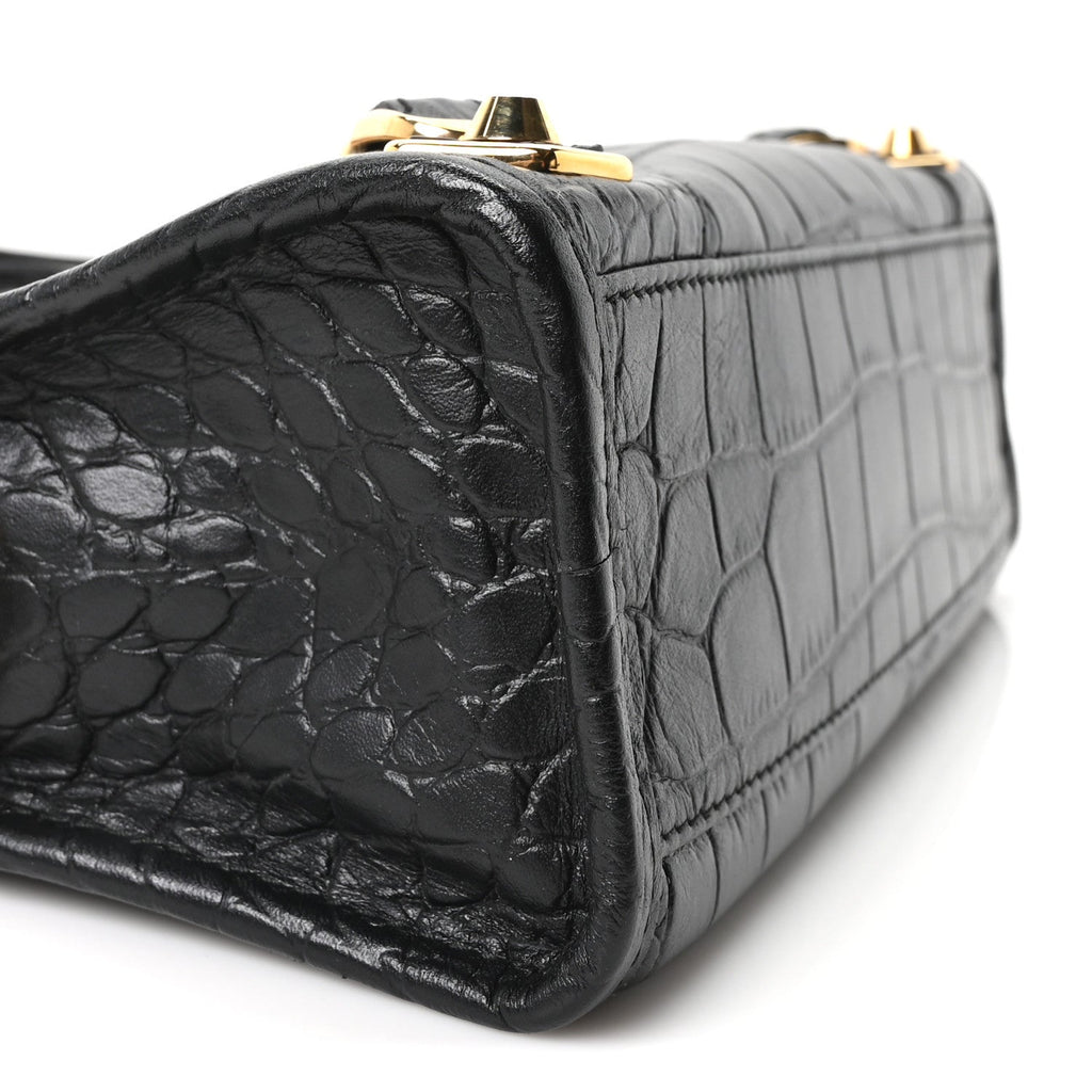 Calfskin Crocodile Embossed Gold Metallic Edge Hardware Mini City Black