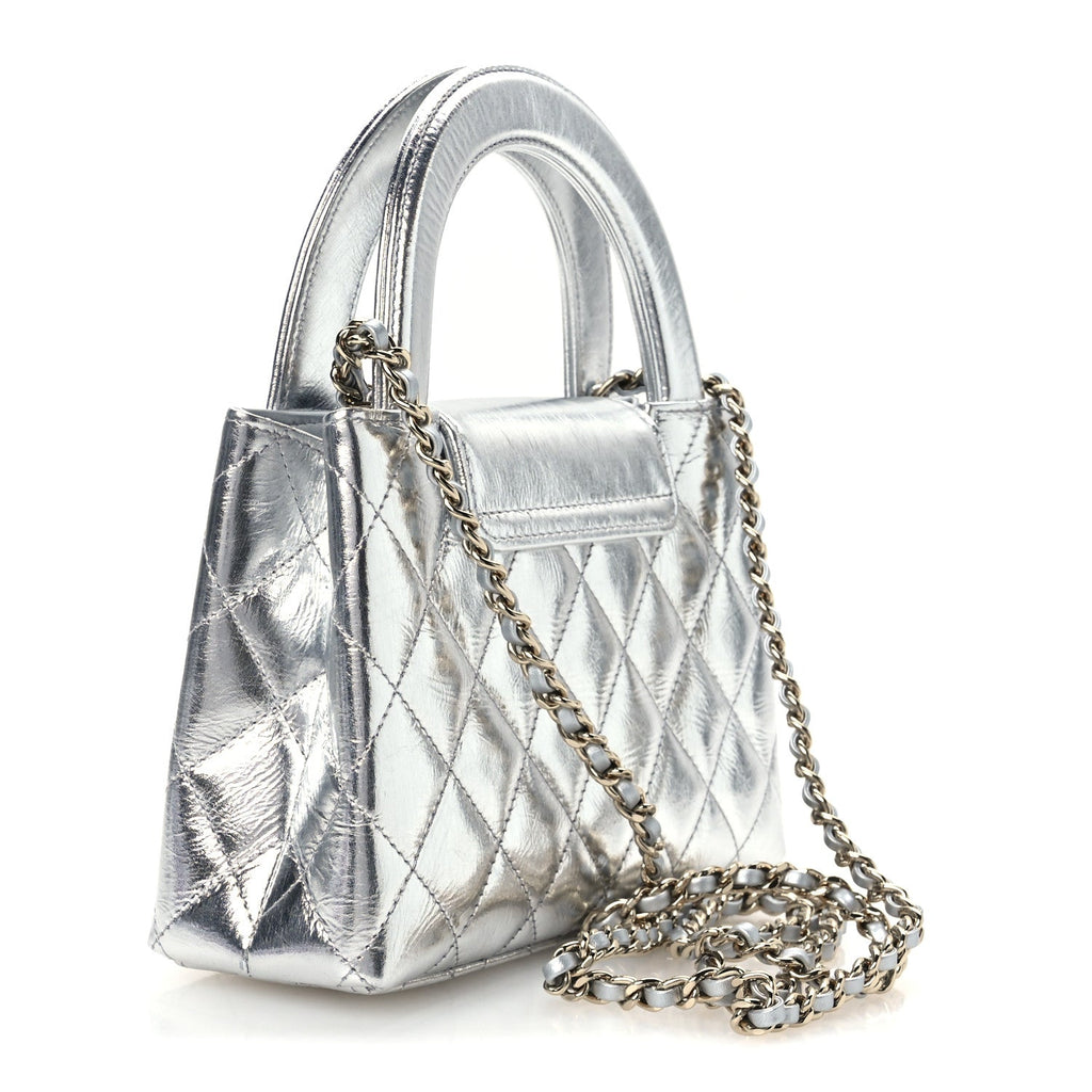 Metallic Aged Calfskin Quilted Nano Kelly Shopper Silvery
