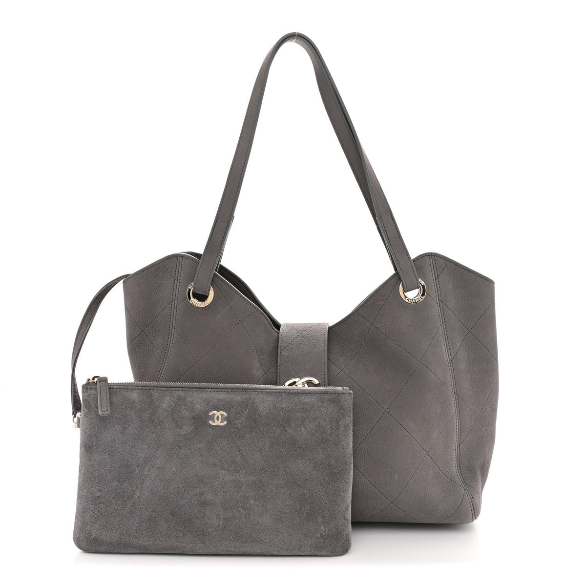Grained Nubuck Caviar Quilted Large Shopping Bag Grey