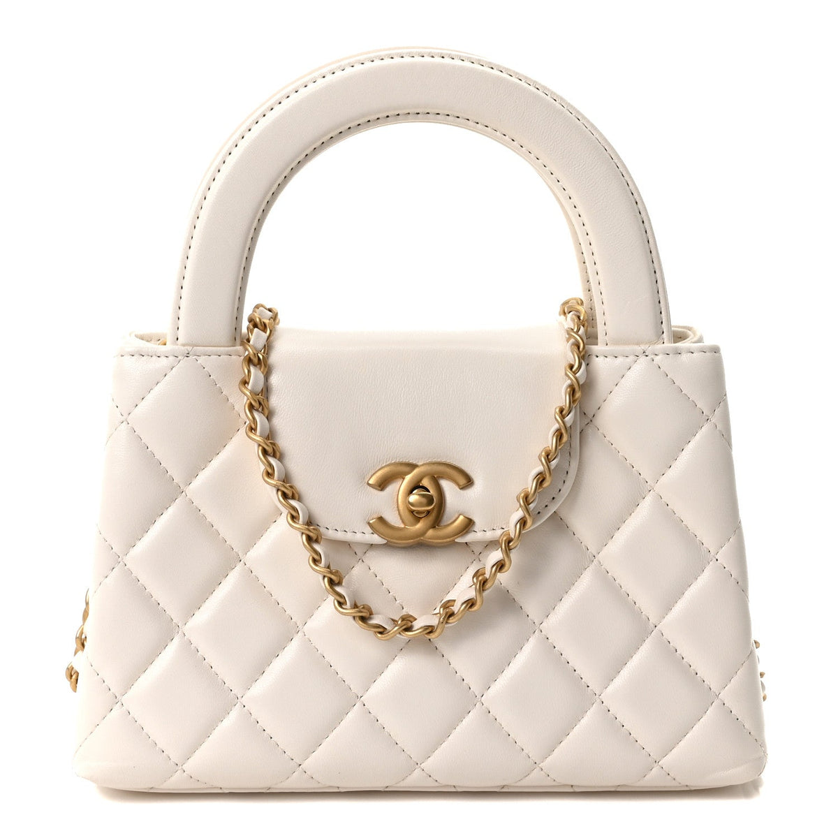 Shiny Aged Calfskin Quilted Nano Kelly Shopper White