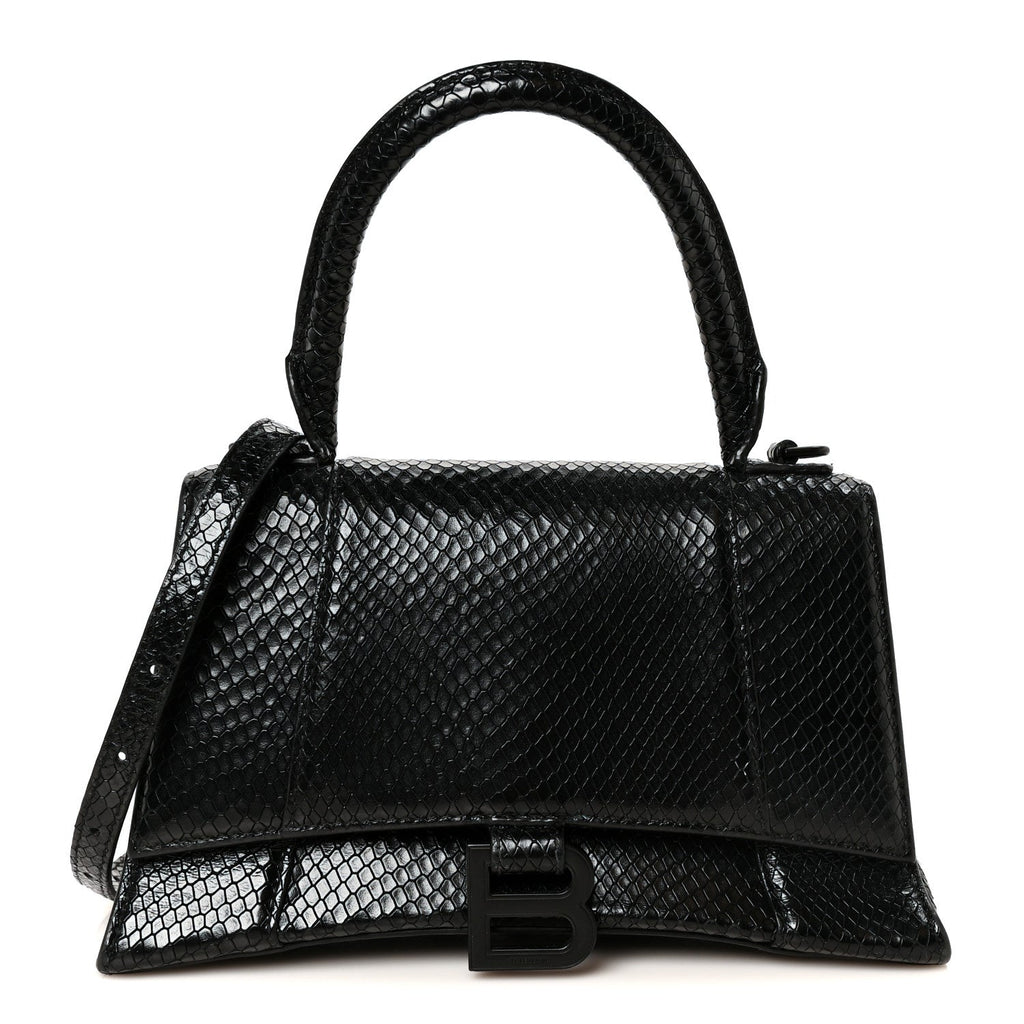 Matte Calfskin Snake Embossed Tonal B Small Hourglass Top Handle Bag Black