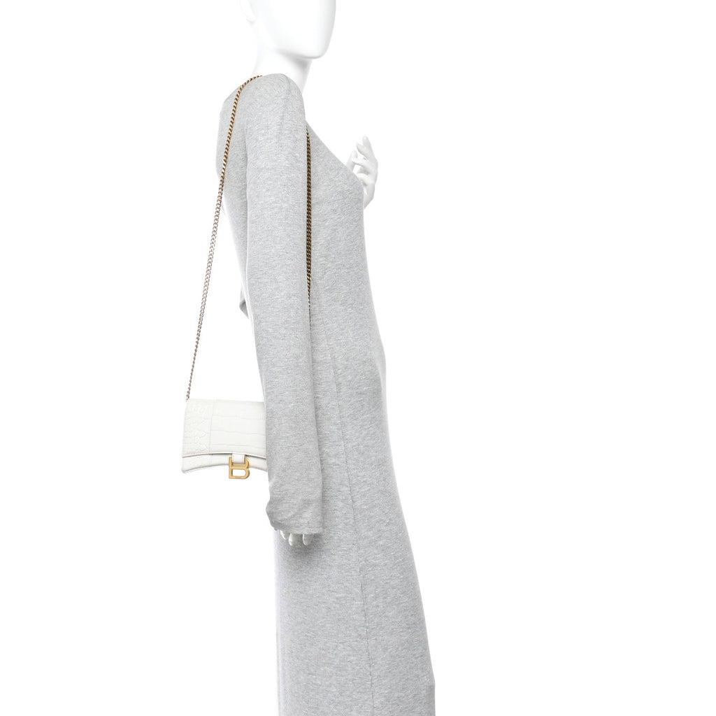 Shiny Calfskin Crocodile Embossed Hourglass Chain Bag White