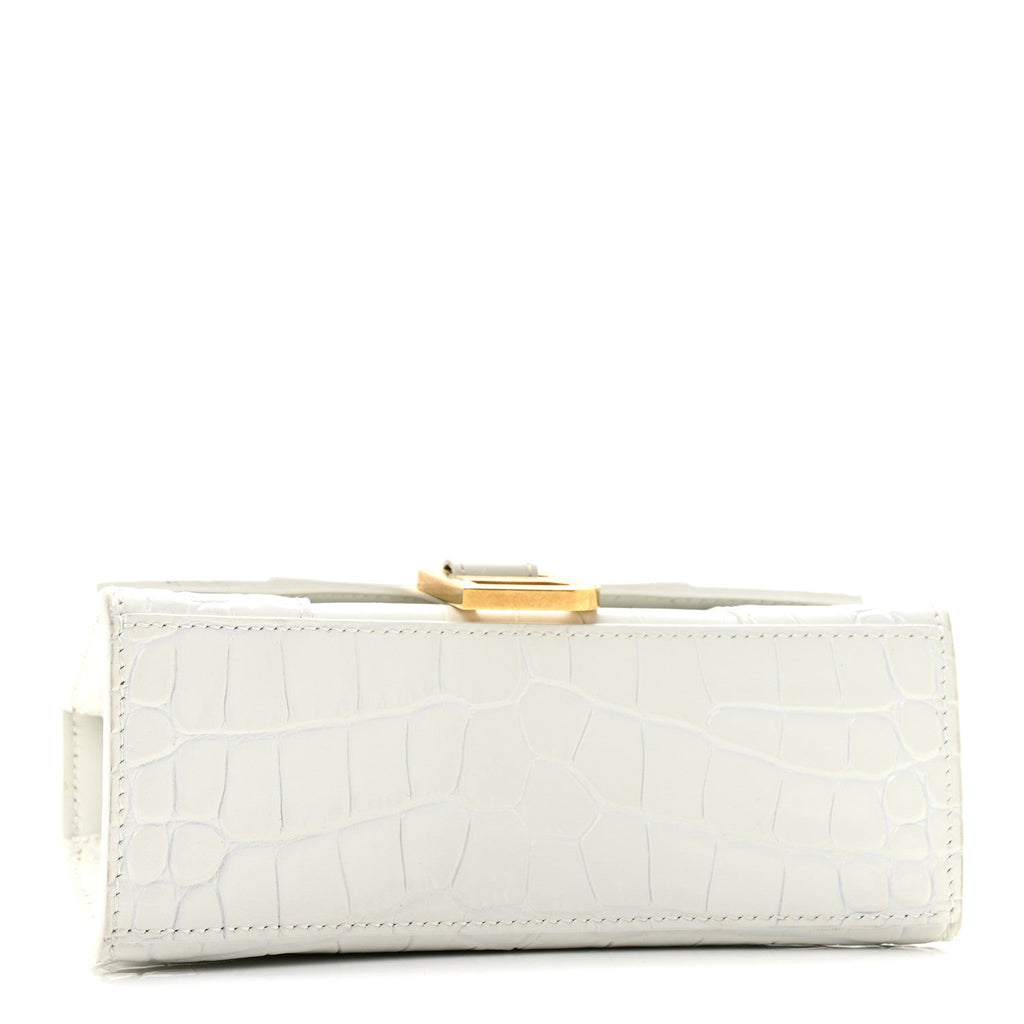 Shiny Calfskin Crocodile Embossed Hourglass Top Handle Bag XS White
