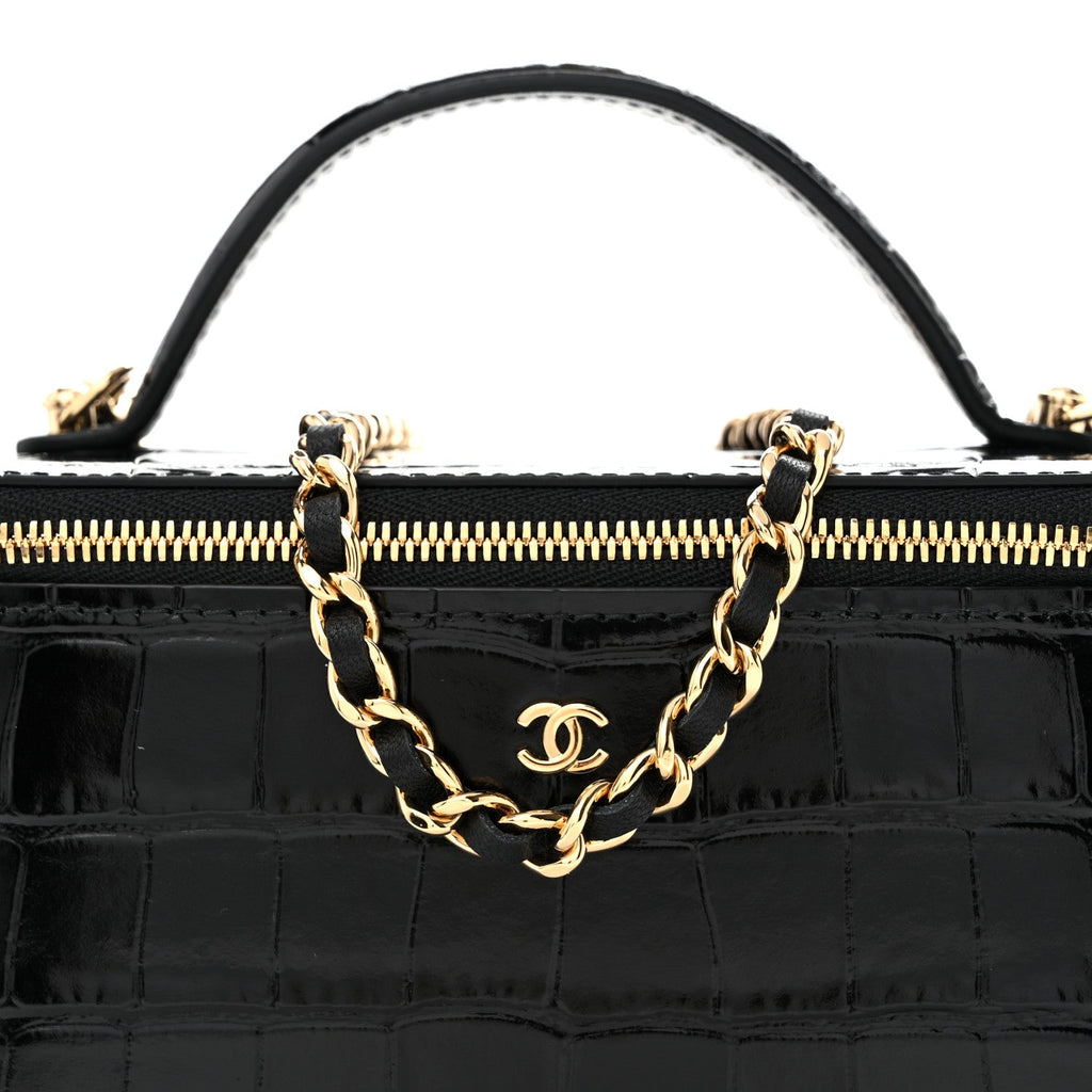 Calfskin Crocodile Embossed Crococo Small Top Handle Vanity Case With Chain Black