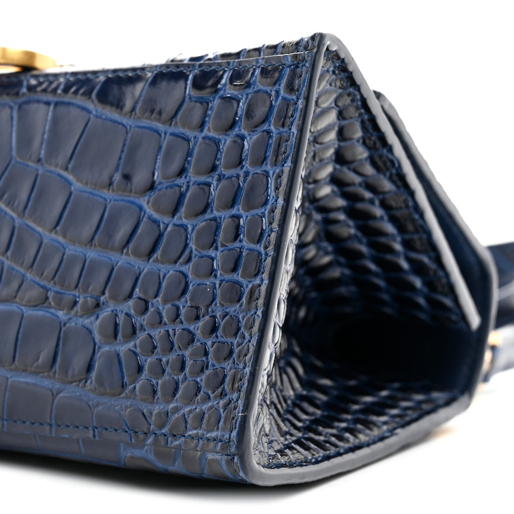 Shiny Calfskin Crocodile Embossed Small Hourglass Top Handle Bag Navy