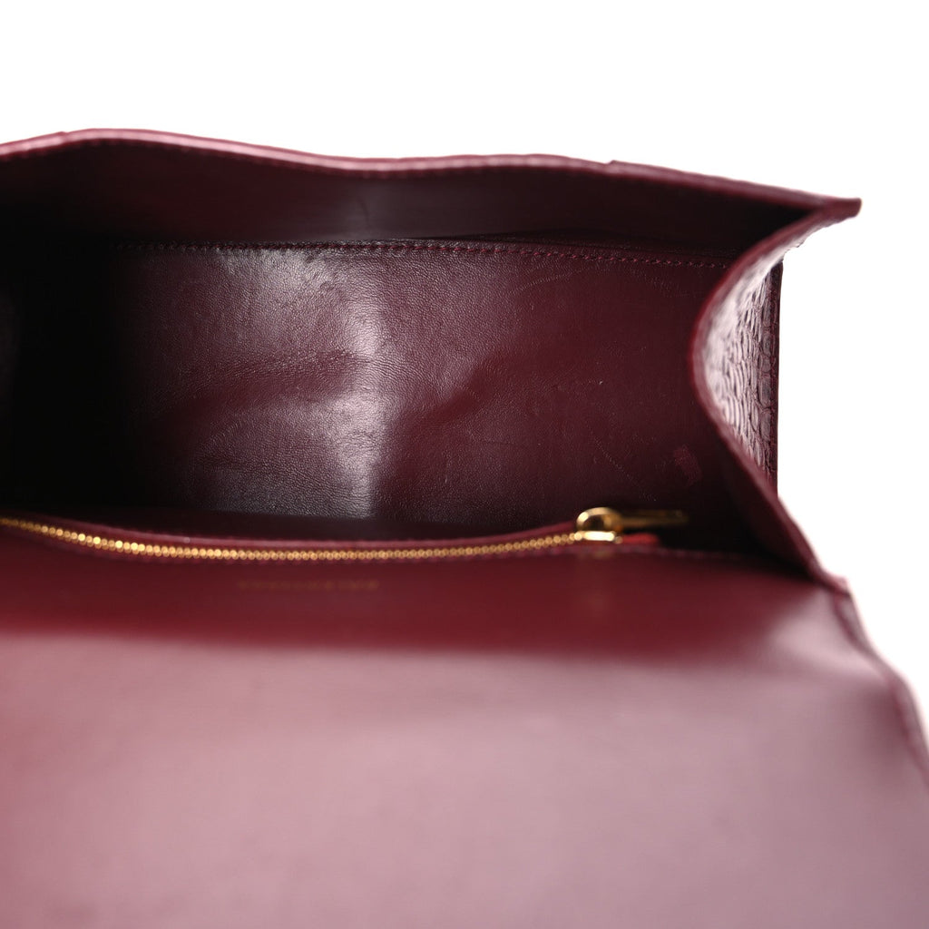 Shiny Calfskin Crocodile Embossed Small Hourglass Top Handle Bag Dark Red