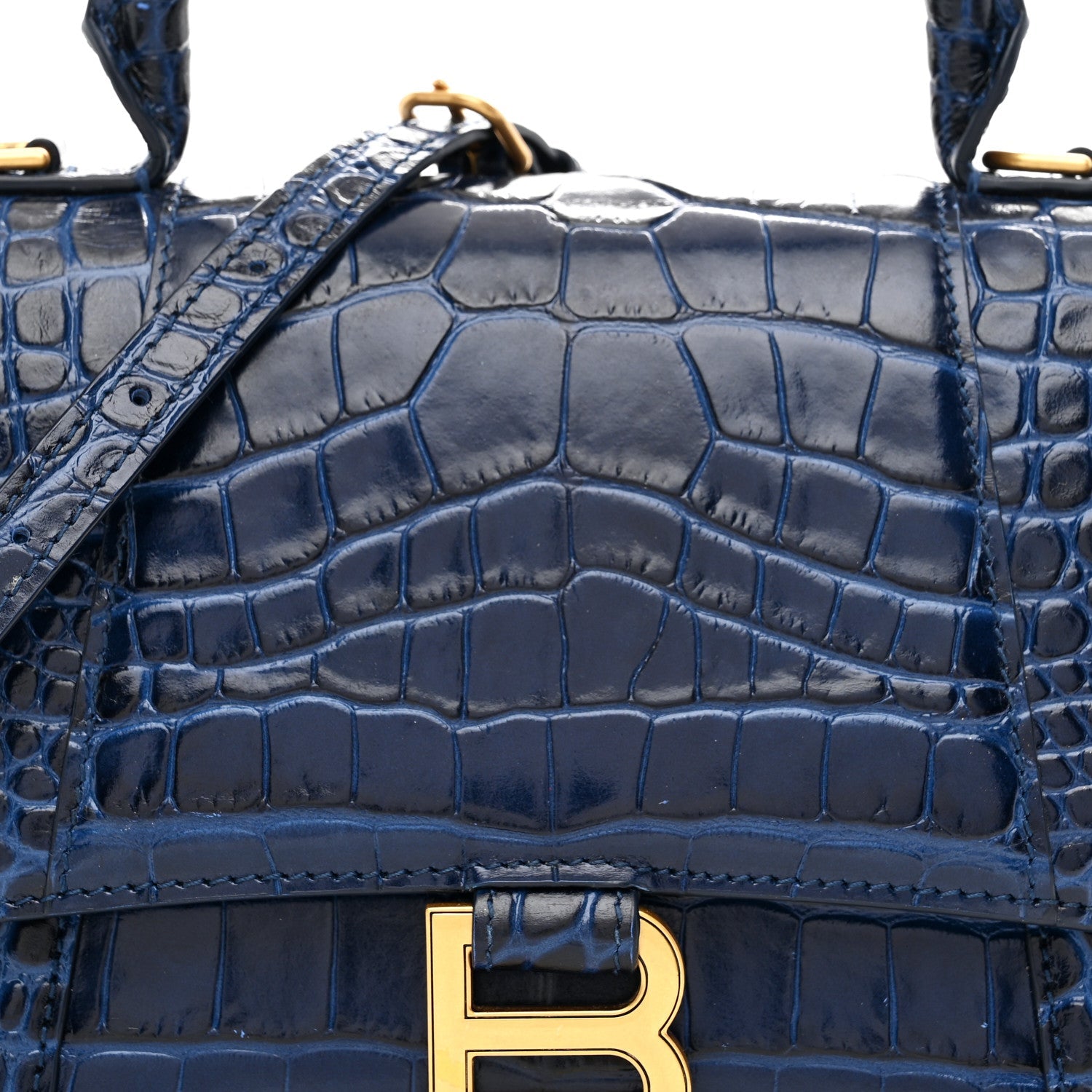 Shiny Calfskin Crocodile Embossed Small Hourglass Top Handle Bag Navy