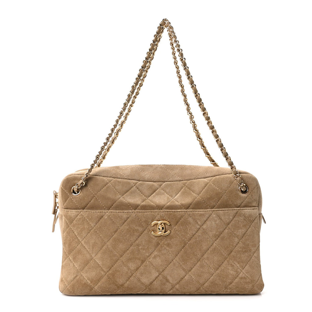 Suede Calfskin Maxi Camera Case Dark Beige