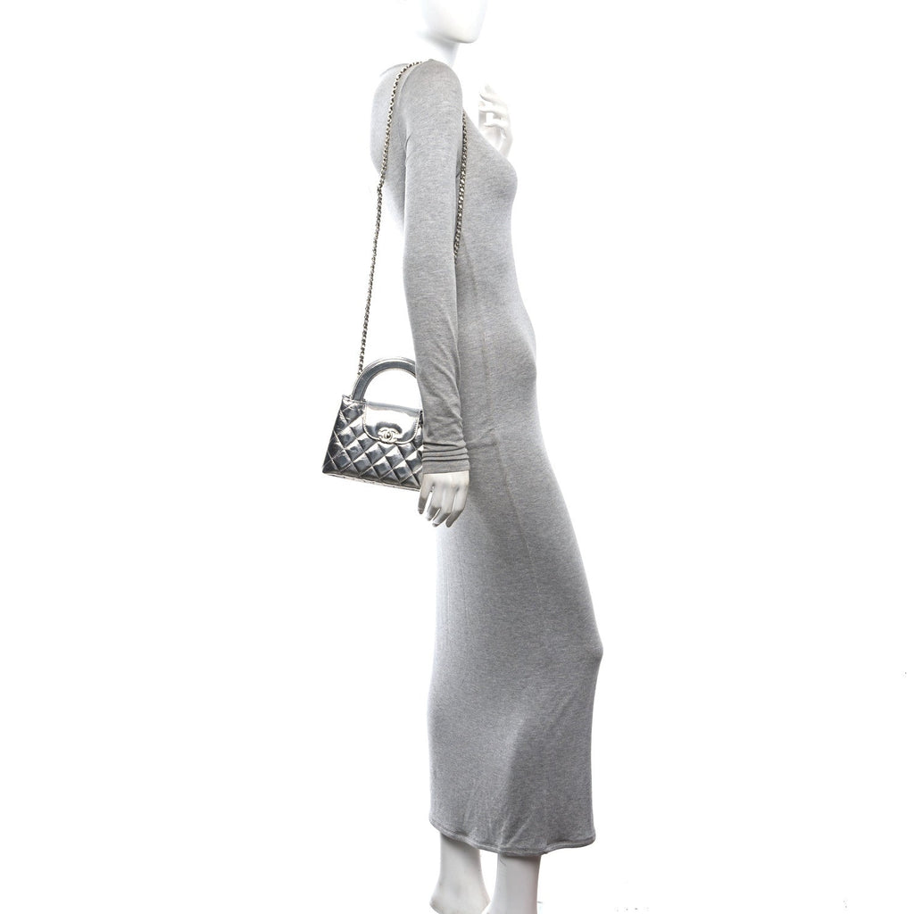 Metallic Aged Calfskin Quilted Nano Kelly Shopper Silvery