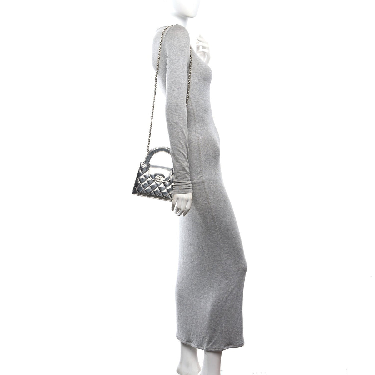 Metallic Aged Calfskin Quilted Nano Kelly Shopper Silvery