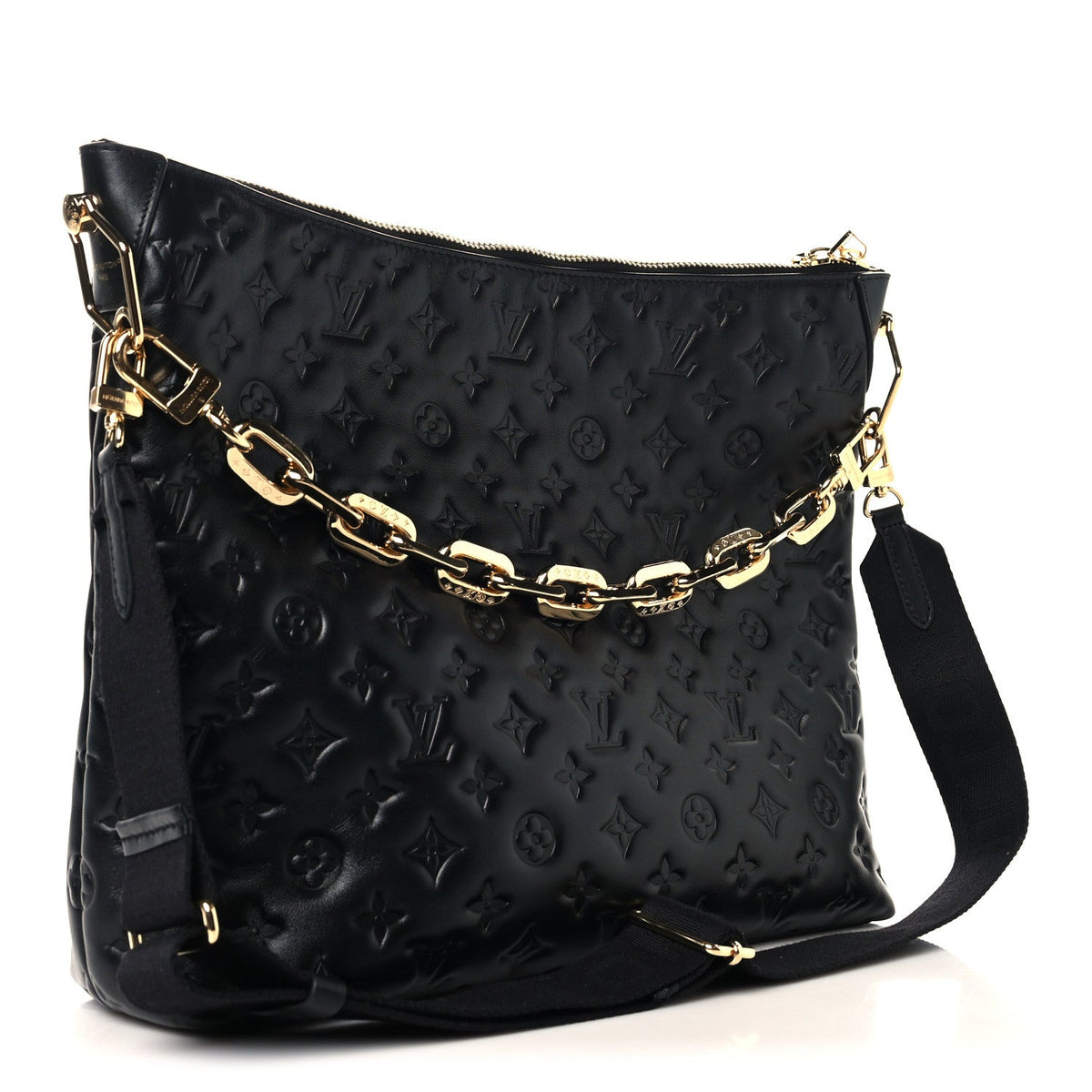 Lambskin Embossed Monogram Coussin Hobo MM Black