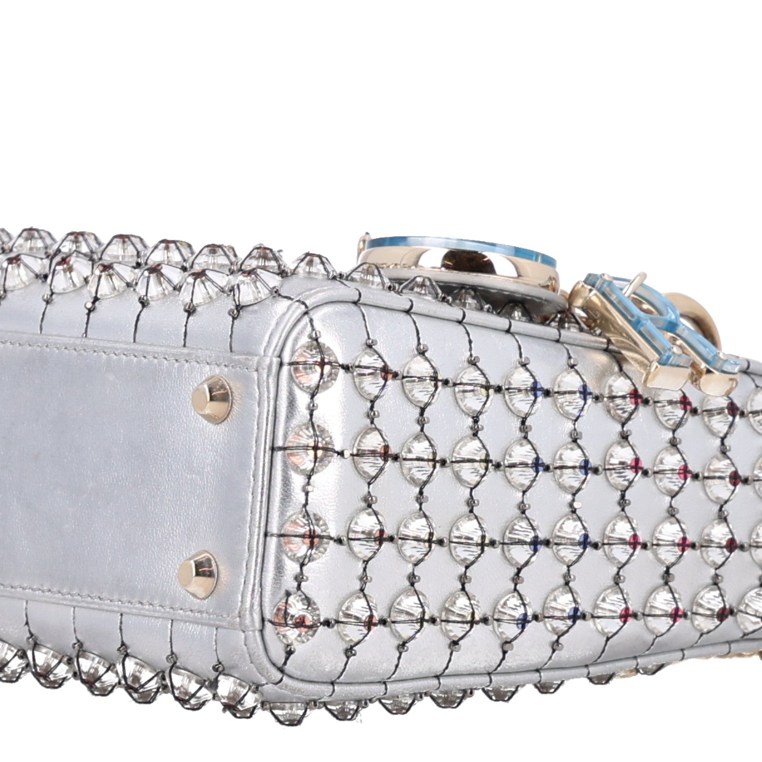 Metallic Calfskin Satin Celestial Bead Embroidery Cannage Mini Lady Dior Silver