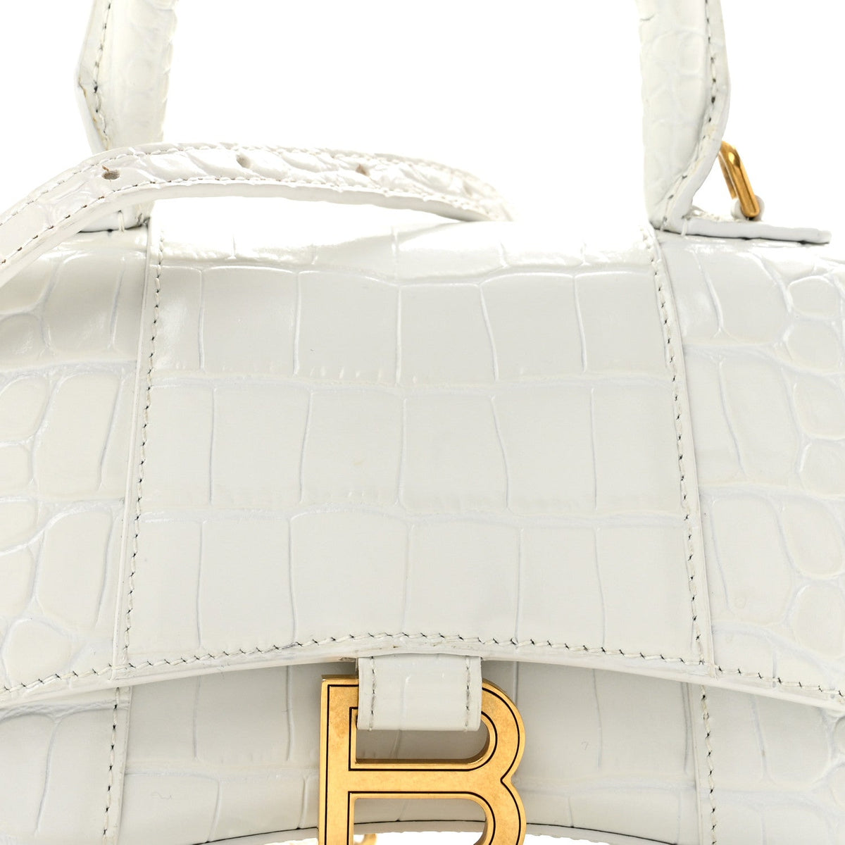 Shiny Calfskin Crocodile Embossed Hourglass Top Handle Bag XS White