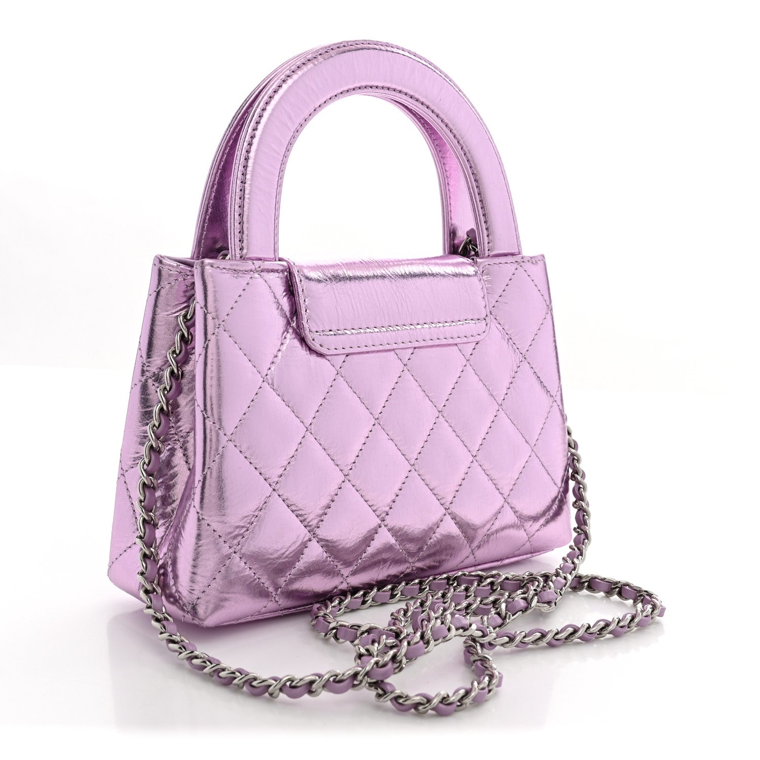 Metallic Aged Calfskin Quilted Nano Kelly Shopper Pink