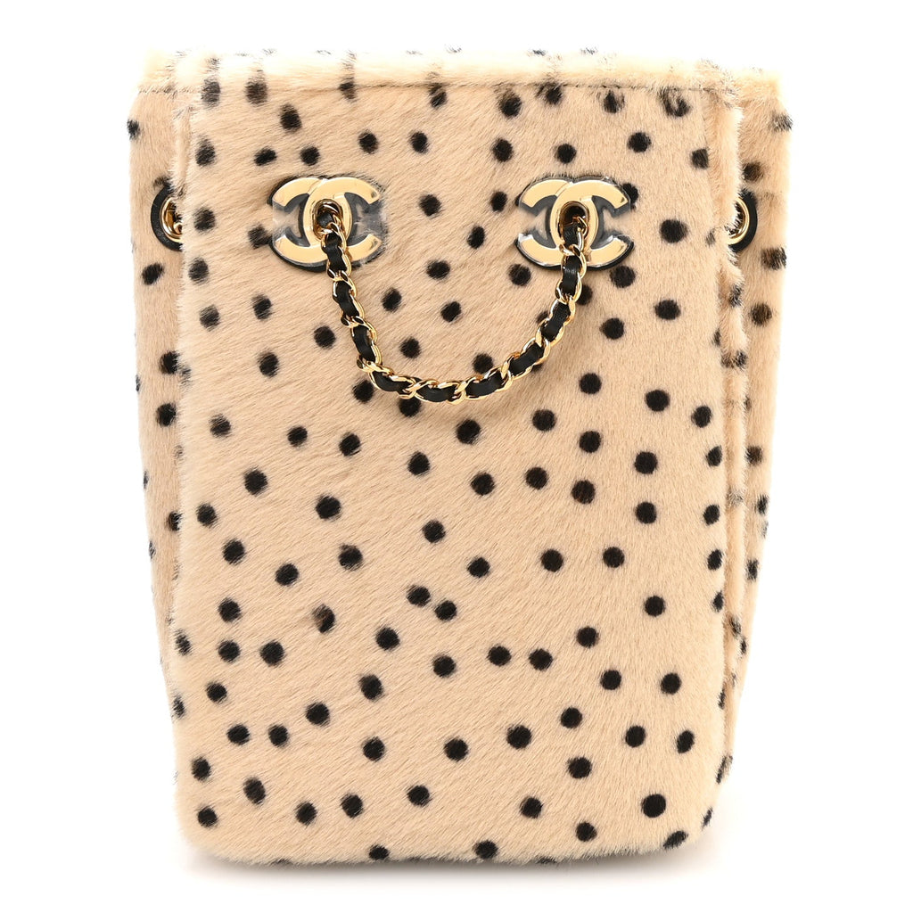 Pony Hair Cheetah Printed CC Chain Bucket Bag Light Beige Black