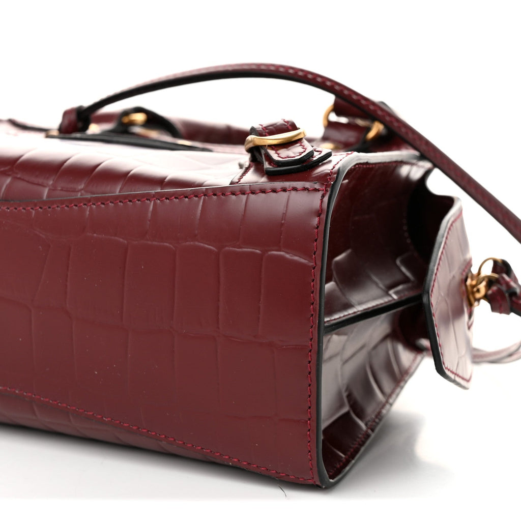 Semi Shiny Calfskin Crocodile Embossed Neo Classic Gold Hardware Mini City Dark Red