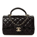 Lambskin Quilted Mini Top Handle Rectangular Flap Dark Brown