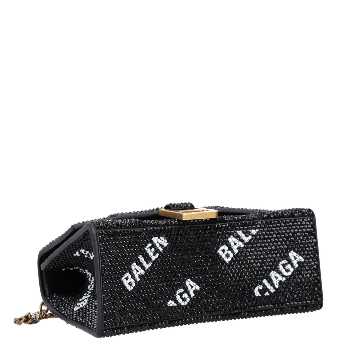 Strass Suede Allover Logo Hourglass Top Handle Bag XS with Chain Black White