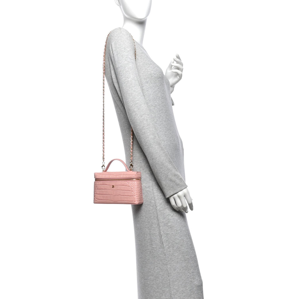 Calfskin Crocodile Embossed Crococo Top Handle Slim Vanity Case With Chain Light Pink
