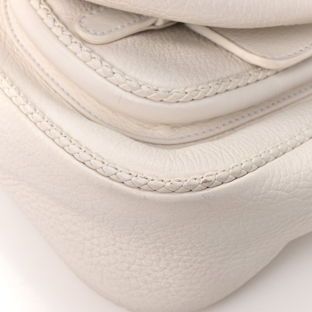Pebbled Calfskin Braided Gaucho Double Saddle Flap Bag White