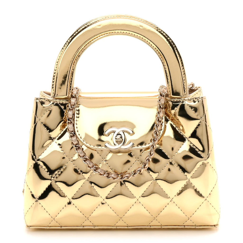 Mirror Calfskin Metallic Calfskin Quilted Nano Kelly Shopper Gold